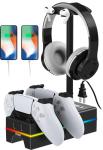 PS5 Controller Charger with USB Charging Port and AC Outlet, RGB DualSense Charging Station Dock for Playstation 5 Controllers with Headphone Stand, PS5 Accessories