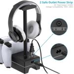 PS5 Controller Charger with USB Charging Port and AC Outlet, RGB DualSense Charging Station Dock for Playstation 5 Controllers with Headphone Stand, PS5 Accessories