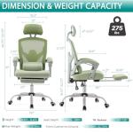 DUMOS Office Desk Chair with Footrest Ergonomic Gaming Chair for Adults Computer Mesh, Lumbar Support,Swivel Reclining with Headrest, Comfy Armrest for Home, Office, Work, Study, Light Green