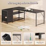 PRAISUN 61" L Shaped Desk with Power Outlets and USB-C Port, Reversible Computer Corner Office Desk with 4 Fabric Drawers and 2 Height-Adjustable Shelves, Large for Gaming Writing Work Study，Black
