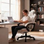 Dowinx Gaming Chair with Pocket Spring Cushion, Massage Lumbar Pillow & Footrest, Wide Seat with Padded Armrests, Breathable Fabric, Reclining Computer Chair for Home Office-Beige