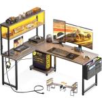 AODK L Shaped Desk Gaming Desk with LED Light & Power Outlet, 53 Inch Reversible L Shaped Computer Table with Shelf & Storage Bag & Hook for Home Office, Grey Oak