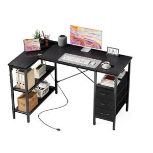 DUMOS L Shaped Desk with Shelf Drawers 47 Inch, Black Corner Computer Desks Gaming with Power Outlet, Study Table with Adjustable Shelves, Home Office Tables for Bedroom Teacher Reading Writing