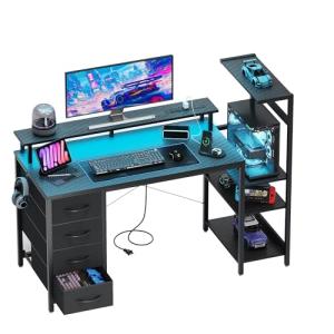 51 Inch Gaming Desk with LED Lights and Power Outlets, Computer Desk with Storage Shelves, Fabric Drawers, Monitor Stand & Side Hook, Reversible Gamer Table for Home Office, Carbon Fiber Black