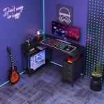 DUMOS L Shaped Desk with Shelf Drawers 47 Inch, Black Corner Computer Desks Gaming with Power Outlet, Study Table with Adjustable Shelves, Home Office Tables for Bedroom Teacher Reading Writing