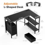 DUMOS L Shaped Desk with Shelf Drawers 47 Inch, Black Corner Computer Desks Gaming with Power Outlet, Study Table with Adjustable Shelves, Home Office Tables for Bedroom Teacher Reading Writing