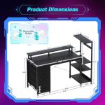 51 Inch Gaming Desk with LED Lights and Power Outlets, Computer Desk with Storage Shelves, Fabric Drawers, Monitor Stand & Side Hook, Reversible Gamer Table for Home Office, Carbon Fiber Black