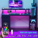 51 Inch Gaming Desk with LED Lights and Power Outlets, Computer Desk with Storage Shelves, Fabric Drawers, Monitor Stand & Side Hook, Reversible Gamer Table for Home Office, Carbon Fiber Black