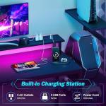 51 Inch Gaming Desk with LED Lights and Power Outlets, Computer Desk with Storage Shelves, Fabric Drawers, Monitor Stand & Side Hook, Reversible Gamer Table for Home Office, Carbon Fiber Black