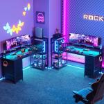 51 Inch Gaming Desk with LED Lights and Power Outlets, Computer Desk with Storage Shelves, Fabric Drawers, Monitor Stand & Side Hook, Reversible Gamer Table for Home Office, Carbon Fiber Black