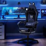 Dowinx Gaming Chair Cute with Cat Ears and Massage Lumbar Support, Ergonomic Computer Chair for Girl with Footrest and Headrest, Comfortable Reclining Game Chair 290lbs for Adult, Teen, White