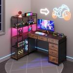 GAOMON L Shaped Gaming Computer Desk with Storage Shelves, 6 Fabric Drawers, Corner Gaming Desk with Open Shelves, Home Office PC Table with Power Outlets & LED Lights, 58.3" l*54.3" h