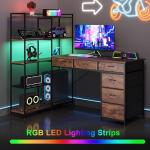 GAOMON L Shaped Gaming Computer Desk with Storage Shelves, 6 Fabric Drawers, Corner Gaming Desk with Open Shelves, Home Office PC Table with Power Outlets & LED Lights, 58.3" l*54.3" h