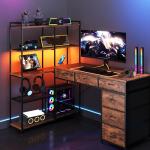 GAOMON L Shaped Gaming Computer Desk with Storage Shelves, 6 Fabric Drawers, Corner Gaming Desk with Open Shelves, Home Office PC Table with Power Outlets & LED Lights, 58.3" l*54.3" h