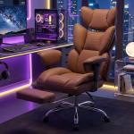 DUMOS Big and Tall Home Office Desk Chair, Gaming Computer Chair, Executive Ergonomic Chair with Footrest, High Back Reclining, Adjustable Armrests and Comfy Lumbar Support, PU Leather, Brown