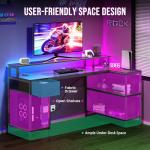 DUMOS 53” Gaming Desk with USB Charging Ports & LED Lights, Reversible L Shaped Desks Computer Corner Gamer Table with Power Outlets Monitor Stand Storage Shelves for Home Office Small Space, Black