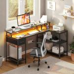 DUMOS 53” Gaming Desk with USB Charging Ports & LED Lights, Reversible L Shaped Desks Computer Corner Gamer Table with Power Outlets Monitor Stand Storage Shelves for Home Office Small Space, Black