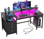Furologee 60" Black Computer Desk with 4 Drawers and Printer Space, Gaming Desk with LED Lights and USB Power Outlets, Home Office Desk with Fabric File Cabinet,Study Work Table with Shelf for Bedroom