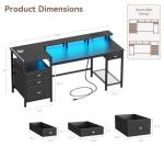 Furologee 60" Black Computer Desk with 4 Drawers and Printer Space, Gaming Desk with LED Lights and USB Power Outlets, Home Office Desk with Fabric File Cabinet,Study Work Table with Shelf for Bedroom