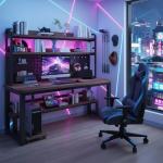 HEOTJUUQ Computer Desk with Power Outlet & LED Lights, 40 Inch Gaming Desk with Hutch & Pegboard, Home Office Desk with Storage Shelves for Bedroom, Study(Brown,40inch)