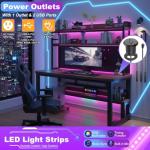 HEOTJUUQ Computer Desk with Power Outlet & LED Lights, 40 Inch Gaming Desk with Hutch & Pegboard, Home Office Desk with Storage Shelves for Bedroom, Study(Brown,40inch)