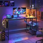 Bestier Gaming Desk with LED Lights, 51.3 Inch Computer Desk with 4 Tiers Reversible Shelves, Gamer Desk with Side Storage Bag, Hooks and Height Adjustable Shelf (Black Marble)