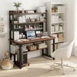 HEOTJUUQ Computer Desk with Power Outlet & LED Lights, 40 Inch Gaming Desk with Hutch & Pegboard, Home Office Desk with Storage Shelves for Bedroom, Study(Brown,40inch)