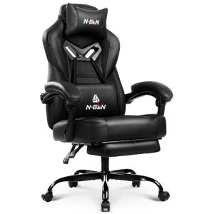 N-GEN GAMING Video Gaming Chair Big and Tall Office Computer Desk Chairs with Ergonomic Lumbar Support High Back Recliner and Footrest for Adults (Black)
