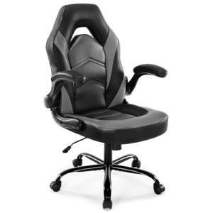 DUMOS Ergonomic Computer Gaming Chair with Flip-up Armrest, Height Adjustable PU Leather Home Office Desk Chair with Lumbar Support Swivel Wheels and for Adults and Kids, Black and Gray