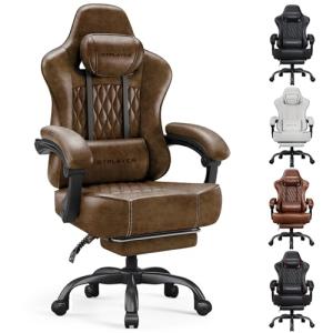 GTPLAYER Big and Tall Gaming Chair with Footrest, Ergonomic Office Desk Chair with 4.4in Thick Cushion and Wide Wingless Seat, Comfortable Leather Computer Chair, Predator Series, Rustic Brown