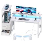 DUMOS L Shaped Gaming Desk with Shelves Storage Drawers 52'', White Computer Desks with LED Lights Power Outlets, Office Wood Table with PC Stand Cable Management for Bedroom Dual Monitor Streaming