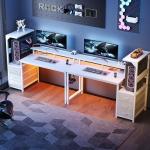 DUMOS L Shaped Gaming Desk with Shelves Storage Drawers 52'', White Computer Desks with LED Lights Power Outlets, Office Wood Table with PC Stand Cable Management for Bedroom Dual Monitor Streaming