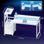 DUMOS L Shaped Gaming Desk with Shelves Storage Drawers 52'', White Computer Desks with LED Lights Power Outlets, Office Wood Table with PC Stand Cable Management for Bedroom Dual Monitor Streaming