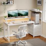 DUMOS L Shaped Gaming Desk with Shelves Storage Drawers 52'', White Computer Desks with LED Lights Power Outlets, Office Wood Table with PC Stand Cable Management for Bedroom Dual Monitor Streaming