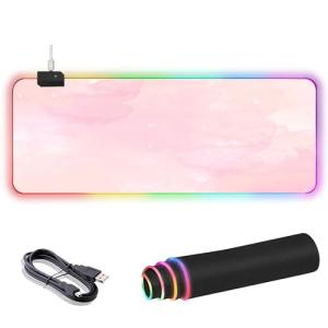 RGB Large Gaming Mouse Pad, Extended Mouse Pad with 12 Lighting Effects, Water Proof Mutispandex Surface, Non-Slip Rubber Base, 80x30 cm / 31.5×11.8 in (Pink Nebula)