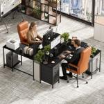 Korfile 59 inch L Shaped Computer Desk with Power Outlets, Home Office Desk with 4 Adjustable Storage Drawers & 2 Monitor Stands, Two Person Gaming Table for Bedroom, Black