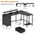 Korfile 59 inch L Shaped Computer Desk with Power Outlets, Home Office Desk with 4 Adjustable Storage Drawers & 2 Monitor Stands, Two Person Gaming Table for Bedroom, Black