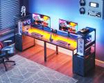 AODK 52 Inch Gaming Desk with USB Charging Ports & LED Light- Reversible Computer Desk with Storage Shelves & Monitor Stand, Modern Gamer Desk Table with Fabric Drawers, Black