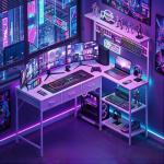 PeacefulHues L Shaped Computer Desk, 50.4 in l-Desk Display Shelves with 3 Fabric Drawers, Led Light & Power Outlet, PC Table Workstation for Home Office, Gaming Desk for Small Spaces