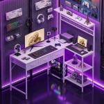 PeacefulHues L Shaped Computer Desk, 50.4 in l-Desk Display Shelves with 3 Fabric Drawers, Led Light & Power Outlet, PC Table Workstation for Home Office, Gaming Desk for Small Spaces