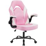 HAPPYMONT Ergonomic Computer Gaming Chair - Home Office Desk with PU Leather Lumbar Support, Height Adjustable Big and Tall Video Game with Flip-up Armrest, Swivel Wheels for Adults,White and Pink