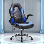 OLIXIS Computer Gaming Chair - PU Leather Ergonomic Lumbar Support with Flip-up Armrest and 360° Swivel Wheels, Height Adjustable Task Home Office Desk Video Racing, Blue