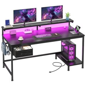 DurayLoly 39.3" Gaming Desk with Power Outlet and LED Lights,Computer Desk with Adjutable Monitor Stand and Drawer,Office Desk with CPU Stand for Home Work,Study and Gaming, Small Spaces,Black