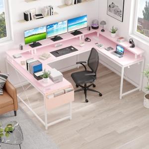 Jojoka U-Shaped Computer Desk with Power Outlets & RGB LED Lights - Reversible l-Shaped Office Desk, Full Monitor Stand, Modern Home Office Workstation, 600lbs Capacity 79",Game Desk, Pink