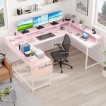 Jojoka U-Shaped Computer Desk with Power Outlets & RGB LED Lights - Reversible l-Shaped Office Desk, Full Monitor Stand, Modern Home Office Workstation, 600lbs Capacity 79",Game Desk, Pink