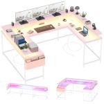 Jojoka U-Shaped Computer Desk with Power Outlets & RGB LED Lights - Reversible l-Shaped Office Desk, Full Monitor Stand, Modern Home Office Workstation, 600lbs Capacity 79",Game Desk, Pink