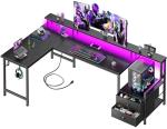 Korfile 66'' L Shaped Gaming Desk with Drawers and Storage Shelves, Reversible Corner Desk with Power Outlets and Host Stand, Large Computer Desk with Led Lights for Gaming, Work, Home Office, Black