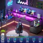 Korfile 66'' L Shaped Gaming Desk with Drawers and Storage Shelves, Reversible Corner Desk with Power Outlets and Host Stand, Large Computer Desk with Led Lights for Gaming, Work, Home Office, Black