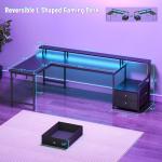 Korfile 66'' L Shaped Gaming Desk with Drawers and Storage Shelves, Reversible Corner Desk with Power Outlets and Host Stand, Large Computer Desk with Led Lights for Gaming, Work, Home Office, Black