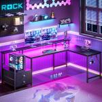 Korfile 66'' L Shaped Gaming Desk with Drawers and Storage Shelves, Reversible Corner Desk with Power Outlets and Host Stand, Large Computer Desk with Led Lights for Gaming, Work, Home Office, Black